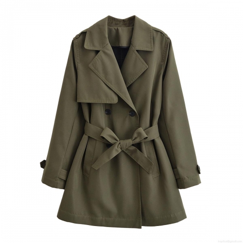Women's Military Green Double-Breasted Trench Coat 100% Polyester Suede Texture Lapel Long Sleeve Belted Elegant Office Lady Casual Outerwear
