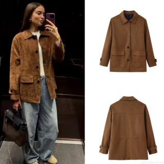 Vintage Brown Faux Suede Jacket For Women Turn-down Collar Single-breasted Workwear Style Long Sleeve Outwear With Flap Pockets Casual Autumn Winter Coat