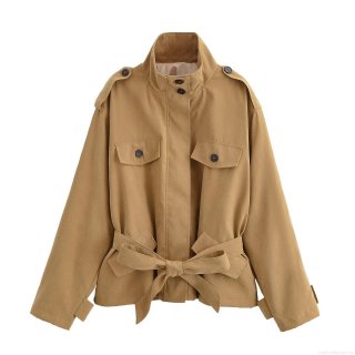 Women Fashion Khaki Short Trench Coat With Belt Stand Collar Epaulettes Cargo Pockets Polyester Windbreaker Jacket For Autumn Casual Streetwear Lady