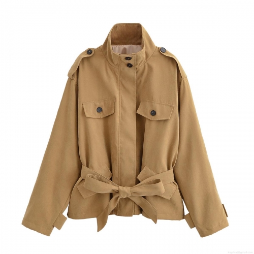 Women Fashion Khaki Short Trench Coat With Belt Stand Collar Epaulettes Cargo Pockets Polyester Windbreaker Jacket For Autumn Casual Streetwear Lady