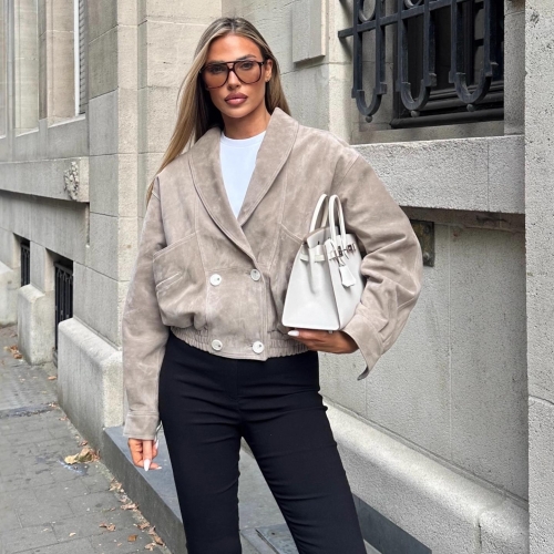 Women Fashion Faux Suede Short Jacket Lapel Double Breasted Long Sleeve Solid Color Chic Urban Streetwear Crop Coat Outerwear Autumn Spring