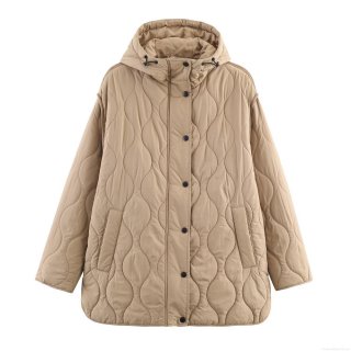 Women's Casual Hooded Quilted Jacket Ripstop Polyester Fiber Padded Coat With Metal Buttons For Daily Streetwear Outdoor Fashion Outwear