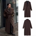 Women's Long Woolen Coat Elegant Polyester Wool Blend Lapel Single Breasted Overcoat Streetwear Casual Office Winter Fashion Solid Color Maxi Jacket