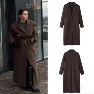 Women's Long Woolen Coat Elegant Polyester Wool Blend Lapel Single Breasted Overcoat Streetwear Casual Office Winter Fashion Solid Color Maxi Jacket