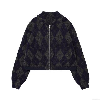 Women's Retro Argyle Knitted Bomber Jacket Vintage Fuzzy Zipper Up Long Sleeve Outerwear Warm Streetwear Coat Casual Color Block Cardigan Jacket