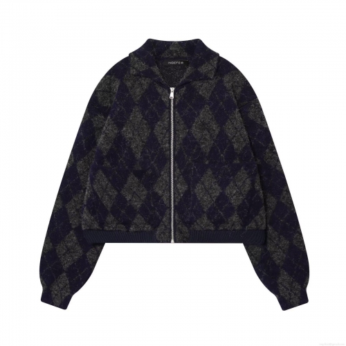 Women's Retro Argyle Knitted Bomber Jacket Vintage Fuzzy Zipper Up Long Sleeve Outerwear Warm Streetwear Coat Casual Color Block Cardigan Jacket