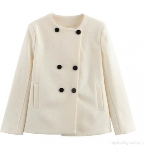 Women French Style Double Breasted Round Neck Woolen Coat Solid Color Loose Fit Long Sleeve Mid Length Casual Outerwear Warm Elegant Jacket For Autumn Winter Spring