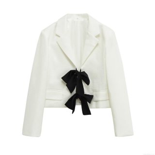 Women Elegant White Short Blazer Jacket With Contrast Black Bows 100% Polyester Notched Lapel Long Sleeve Cropped Suit Coat For Socialite Party Commute