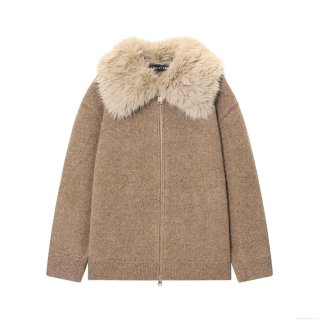 Women's Faux Fur Collar Knit Jacket Loose Zip Up Warm Winter Cardigan Coat With Lapel Faux Fur Trim Solid Color Streetwear Outerwear For Women