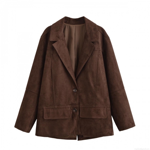 Women's Classic Suit Collar Faux Suede Jacket Solid Color Single Breasted Commuter Outerwear for Office Elegant Long Sleeve Blazer Coats Women