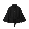 Women's Elegant Black Cape Coat Wool-Like Blend High Neck Cloak Jacket With Waist Belt Autumn Winter Solid Color Slim Outwear For Women