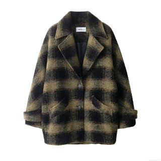 Women Elegant Plaid Overcoat 100% Polyester Long Sleeve Checkered Woolen Texture Jacket For Autumn Winter Outdoor Daily Wear