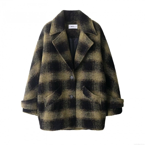 Women Elegant Plaid Overcoat 100% Polyester Long Sleeve Checkered Woolen Texture Jacket For Autumn Winter Outdoor Daily Wear
