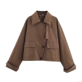 Women's Fashion Casual Solid Color Lapel Short Trench Coat Jacket With Suede Texture And Pockets For Spring Daily Wear