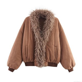 Women's Vintage Faux Suede Cotton Padded Jacket With Large Faux Fur Collar Winter Warm Splicing Bomber Coat Ethnic Style Outwear For Women Daily