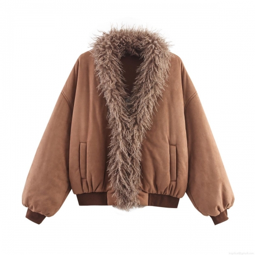 Women's Vintage Faux Suede Cotton Padded Jacket With Large Faux Fur Collar Winter Warm Splicing Bomber Coat Ethnic Style Outwear For Women Daily