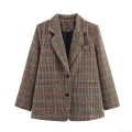 Women's Retro Plaid Blazer Jacket 100% Polyester Loose Fit Long Sleeve Lapel Suit Coat For Office Career Casual Daily Wear