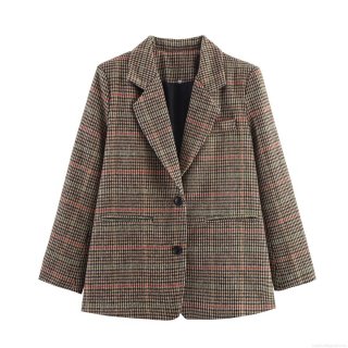 Women's Retro Plaid Blazer Jacket 100% Polyester Loose Fit Long Sleeve Lapel Suit Coat For Office Career Casual Daily Wear