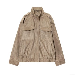 Women's Fashion Suede Leather Jacket Casual Stand Collar Workwear Coat With Flap Pockets And Epaulettes Zip Up Streetwear Loose Outerwear For Ladies