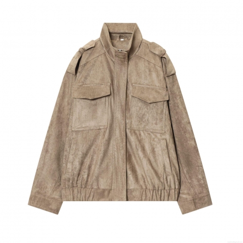 Women's Fashion Suede Leather Jacket Casual Stand Collar Workwear Coat With Flap Pockets And Epaulettes Zip Up Streetwear Loose Outerwear For Ladies