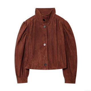 Women Fashion Faux Suede Jacket Vintage Pleated Puff Sleeve Stand Collar Button Up Short Coat Streetwear Solid Color Outwear For Ladies