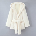 Women's Luxury Faux Rabbit Fur Hooded Jacket Solid White Warm Winter Coat With Belt Soft Loose Outwear For Ladies Elegant Fashionable Streetwear