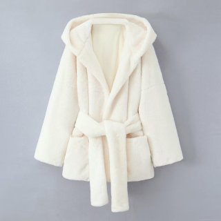 Women's Luxury Faux Rabbit Fur Hooded Jacket Solid White Warm Winter Coat With Belt Soft Loose Outwear For Ladies Elegant Fashionable Streetwear
