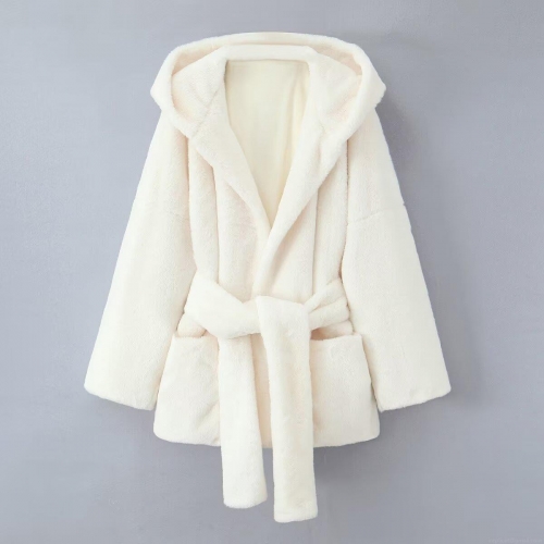 Women's Luxury Faux Rabbit Fur Hooded Jacket Solid White Warm Winter Coat With Belt Soft Loose Outwear For Ladies Elegant Fashionable Streetwear