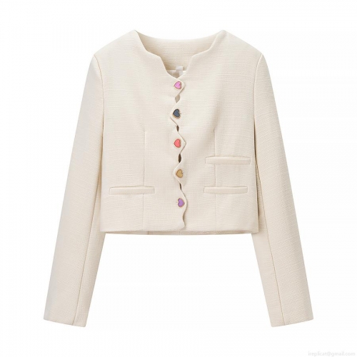 Women's Elegant Tweed Short Jacket Scalloped Wave Collar Colorful Heart Buttons Long Sleeve Cardigan Socialite Style Outerwear for Ladies