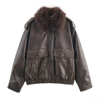 Women's Fashion Suede Effect Jacket with Removable Faux Fur Collar Loose Bomber Style Casual Dark Brown Long Sleeve Winter Outwear