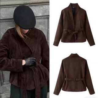 Women's Fashion Faux Suede Jacket Lapel Long Sleeve Tie-Up Waist Short Coat Elegant Solid Color Russet Outwear For Autumn Winter Ladies Casual Streetwear