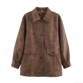Women's Loose Faux Suede Jacket Mid-Length Single-Breasted Turn-Down Collar Casual Brown Outwear With Pockets Retro Oversized Polyester Coat