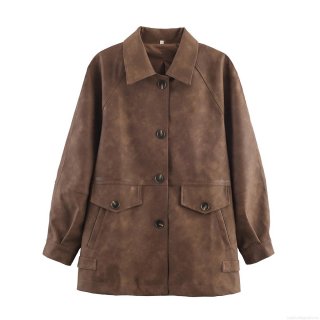 Women's Loose Faux Suede Jacket Mid-Length Single-Breasted Turn-Down Collar Casual Brown Outwear With Pockets Retro Oversized Polyester Coat