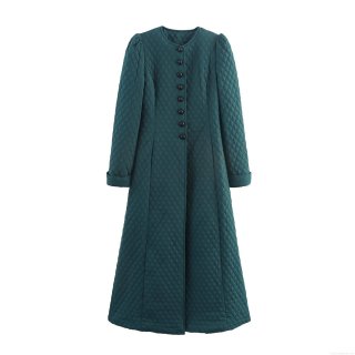 Women's Elegant Dark Green Quilted Long Coat Diamond Pattern Padded Jacket Polyester Round Neck Single Breasted Warm Outerwear Casual Ladies