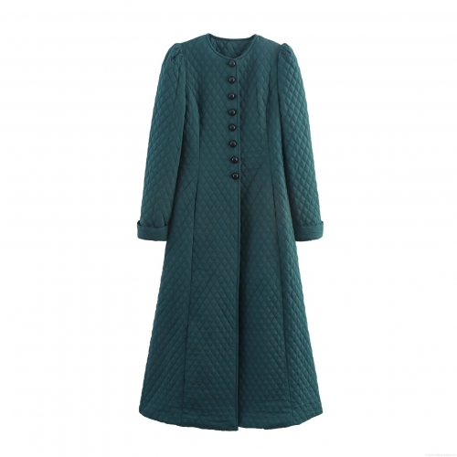 Women's Elegant Dark Green Quilted Long Coat Diamond Pattern Padded Jacket Polyester Round Neck Single Breasted Warm Outerwear Casual Ladies