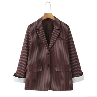 Women's Oversized Pinstripe Blazer Casual Long Sleeve Single Breasted Suit Jacket Professional Office Wear Notched Lapel Polyester Outwear for Ladies