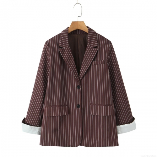 Women's Oversized Pinstripe Blazer Casual Long Sleeve Single Breasted Suit Jacket Professional Office Wear Notched Lapel Polyester Outwear for Ladies