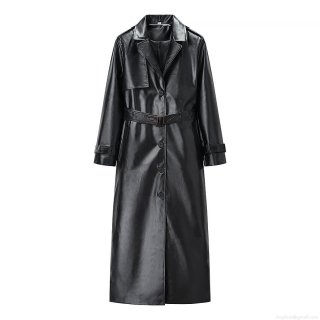 Women's Fashion Long Faux Leather Trench Coat Elegant PU Leather Windbreaker With Belt Long Sleeve Solid Color Outwear For Ladies Daily Casual