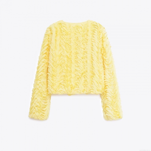 Women's Fashion Cropped Pleated Jacket Solid Color Long Sleeve Round Neck Zipper Coat Casual Streetwear Polyester Outwear for Ladies