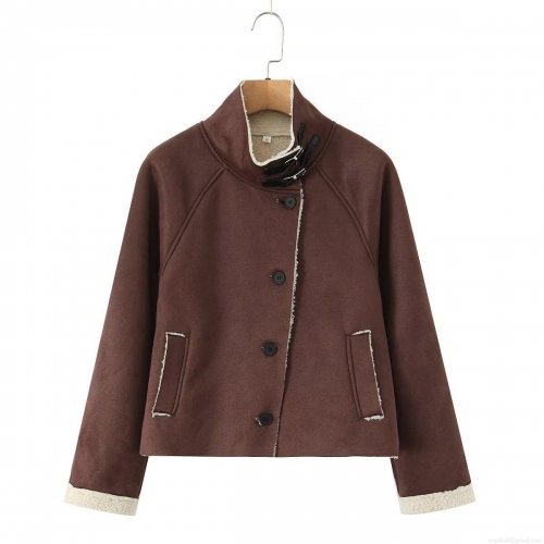 Women's Suede Jacket Fleece Lined Faux Lamb Wool Composite Vintage High Neck Long Sleeve Button Up Warm Outerwear Casual Retro Women Short Cotton Padded Coat