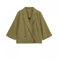 Women's Fashion Short Blazer Jacket Solid Olive Green Double Breasted Three Quarter Sleeve Lapel Collar Casual Outerwear Linen Look Suit Coat For Ladies