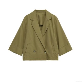 Women's Fashion Short Blazer Jacket Solid Olive Green Double Breasted Three Quarter Sleeve Lapel Collar Casual Outerwear Linen Look Suit Coat For Ladies