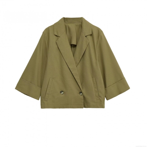 Women's Fashion Short Blazer Jacket Solid Olive Green Double Breasted Three Quarter Sleeve Lapel Collar Casual Outerwear Linen Look Suit Coat For Ladies
