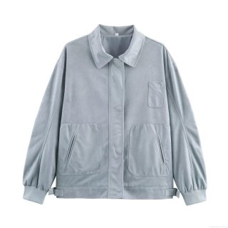 Women's Retro Solid Color Lapel Loose Suede Jacket Casual Long Sleeve Short Coat Streetwear Utility Style Outerwear For Women Spring Autumn Light Blue Polyester Suede Fabric Jacket With Pockets