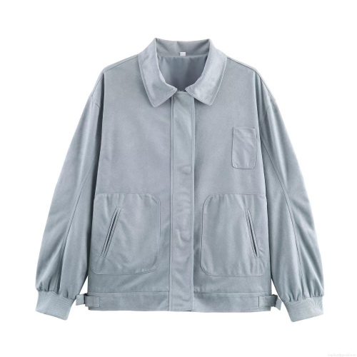 Women's Retro Solid Color Lapel Loose Suede Jacket Casual Long Sleeve Short Coat Streetwear Utility Style Outerwear For Women Spring Autumn Light Blue Polyester Suede Fabric Jacket With Pockets