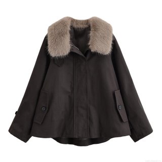 Women's Elegant 100% Polyester Trench Coat With Detachable Faux Fur Collar Dark Coffee Loose Windproof Long Sleeve Jacket For Winter Autumn Outerwear