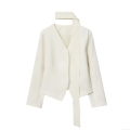 Women Elegant V-Neck Suit Jacket With Scarf Collar Long Sleeve Polyester Blend Blazer For Office Party Casual Lady Style Cream White Short Outerwear