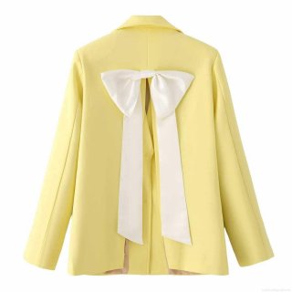 Women's Bright Yellow Blazer Jacket With Large Back White Satin Bow Notch Lapel Loose Fit Two Button Suit For Office Elegant Commuter Outerwear