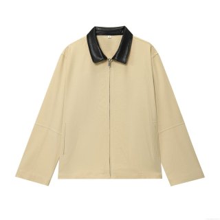 Women Fashion Casual Patchwork Jacket PU Leather Collar Polyester Canvas Full Zip Up Long Sleeve Khaki Outerwear Lapel Neck Fall Winter Short Coat