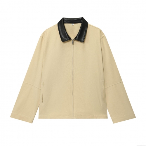 Women Fashion Casual Patchwork Jacket PU Leather Collar Polyester Canvas Full Zip Up Long Sleeve Khaki Outerwear Lapel Neck Fall Winter Short Coat